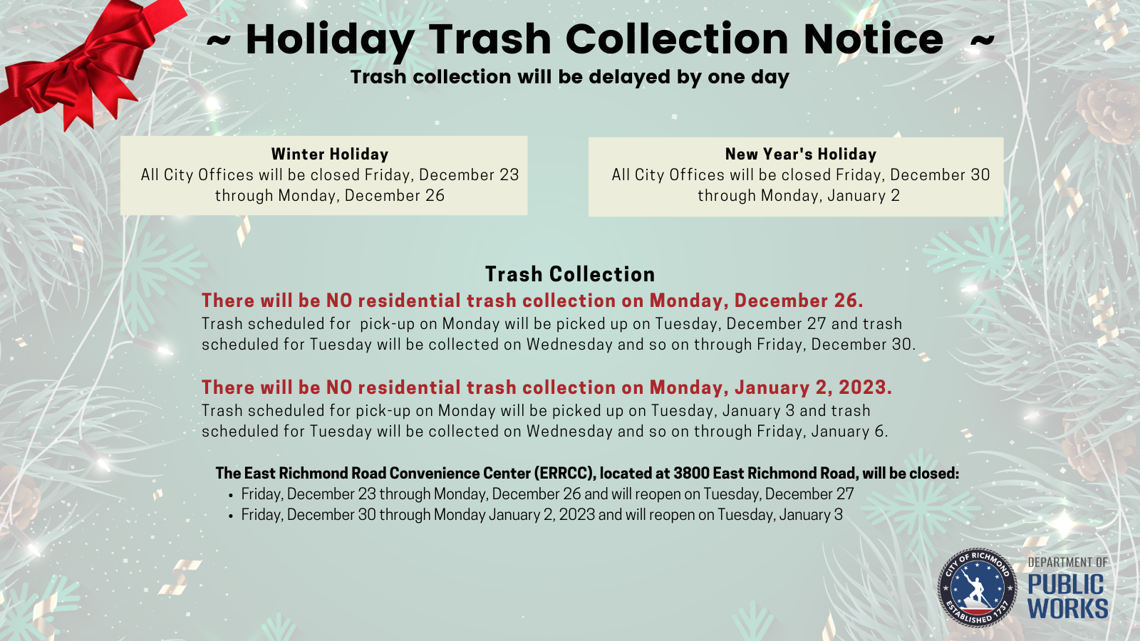 Refuse Holiday Schedule Update Richmond